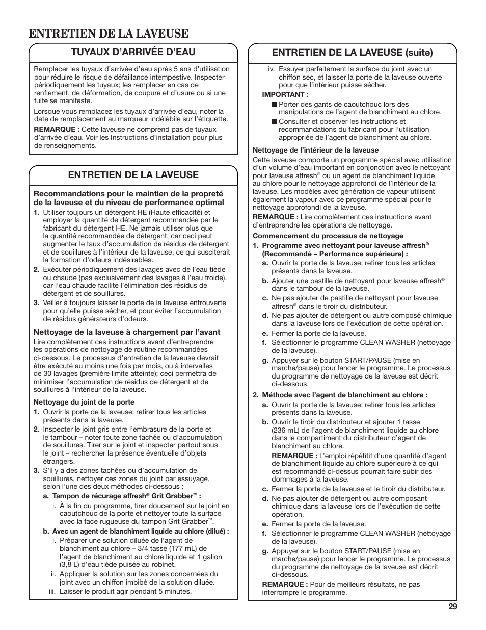 Entretien de la laveuse, Entretien de la laveuse (suite), Tuyaux d’arrivée d’eau | Whirlpool WFL98HEBU User Manual | Page 29 / 36