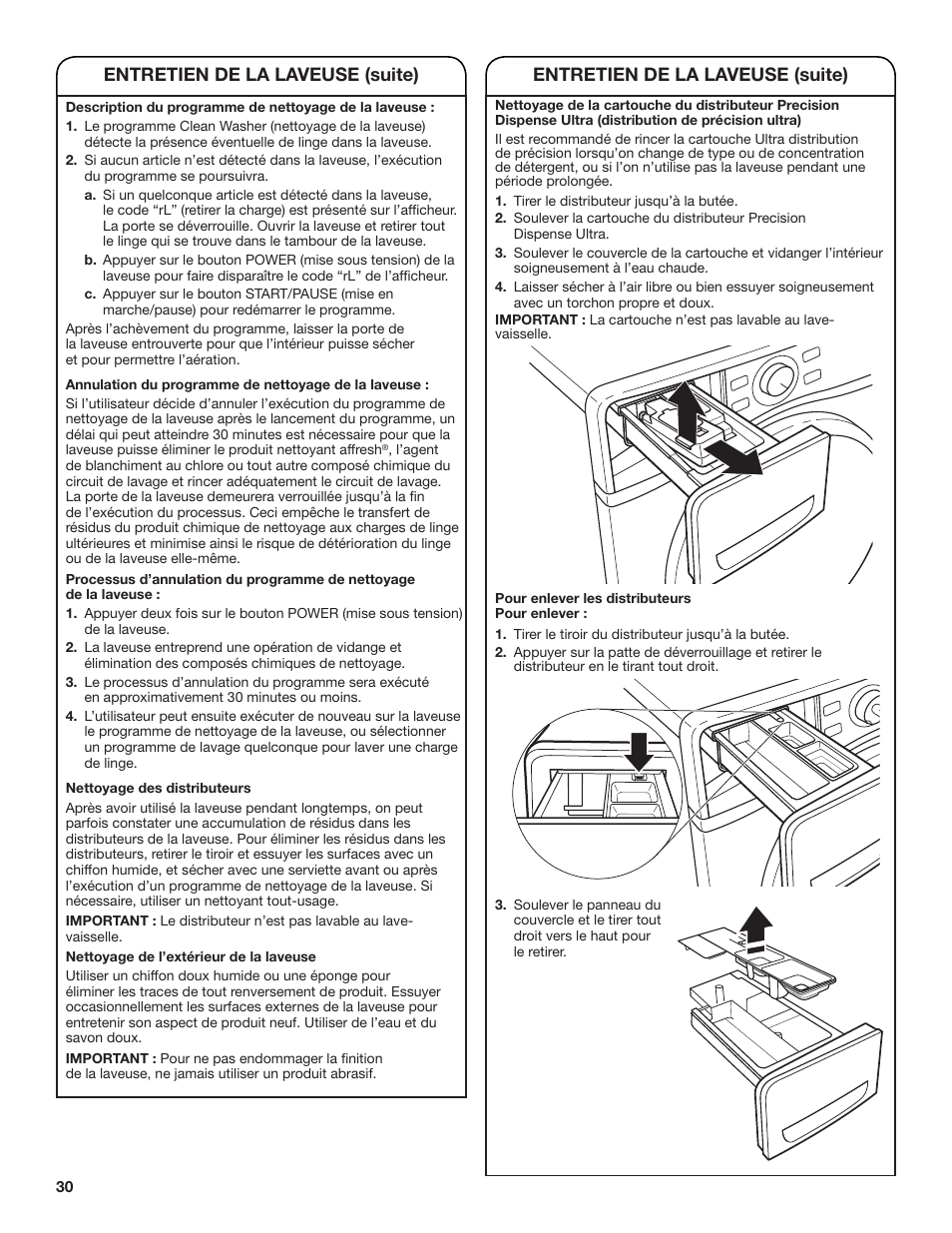 Entretien de la laveuse (suite) | Whirlpool WFL98HEBU User Manual | Page 30 / 36