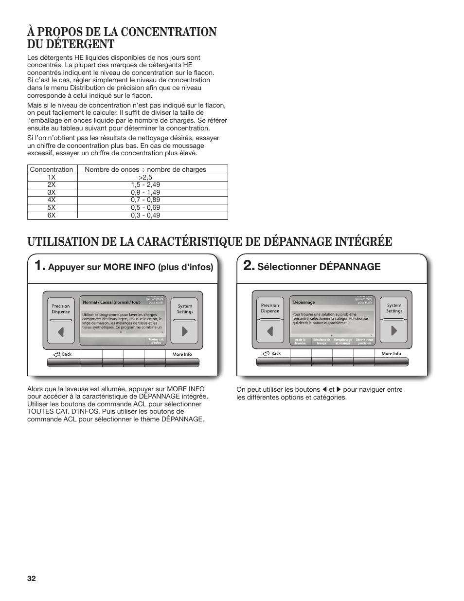 À propos de la concentration du détergent, Sélectionner dépannage, Appuyer sur more info (plus d’infos) | Whirlpool WFL98HEBU User Manual | Page 32 / 36