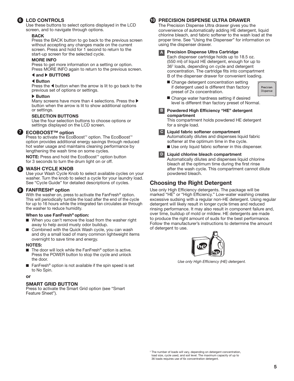 Choosing the right detergent | Whirlpool WFL98HEBU User Manual | Page 5 / 36