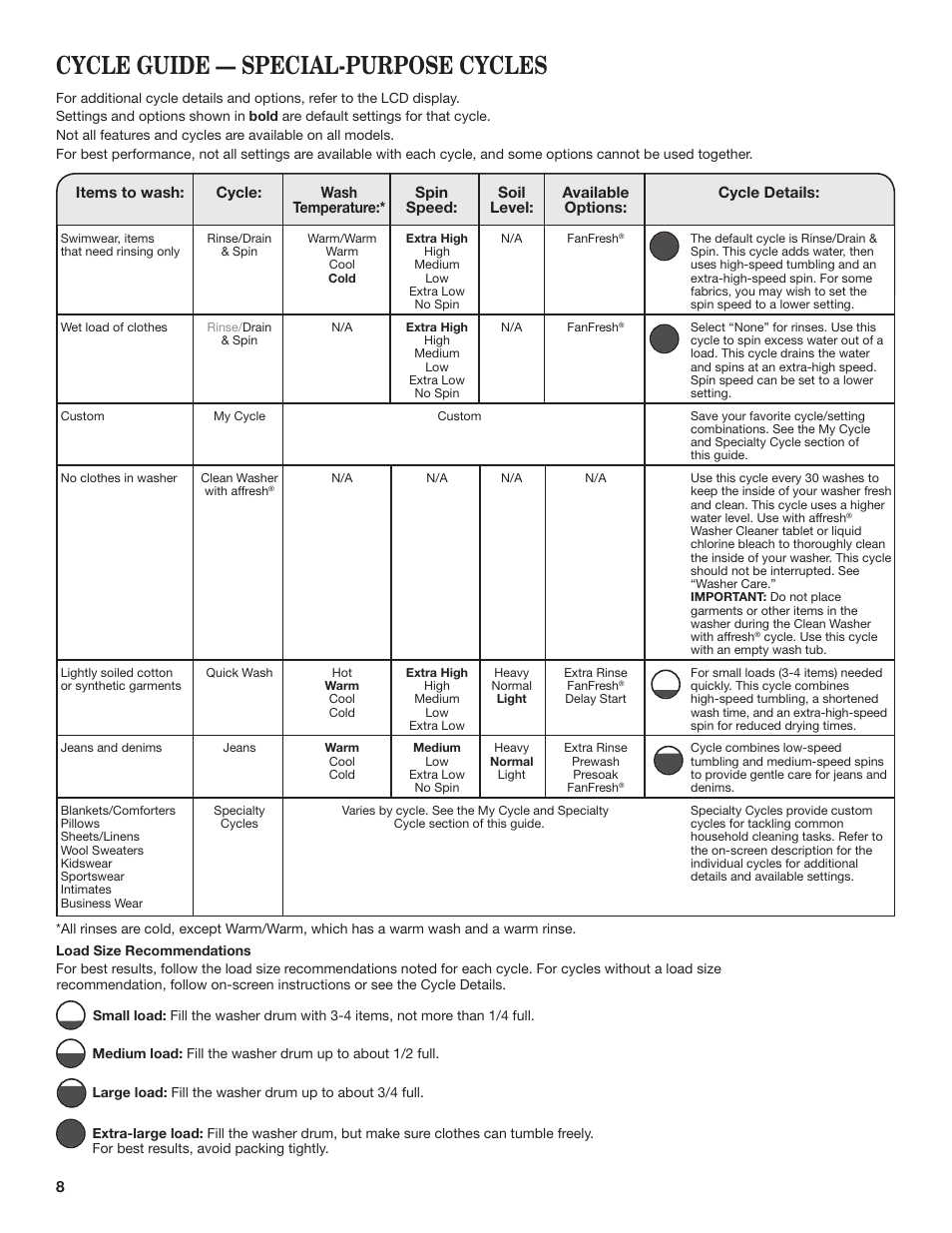 Cycle guide — special-purpose cycles | Whirlpool WFL98HEBU User Manual | Page 8 / 36