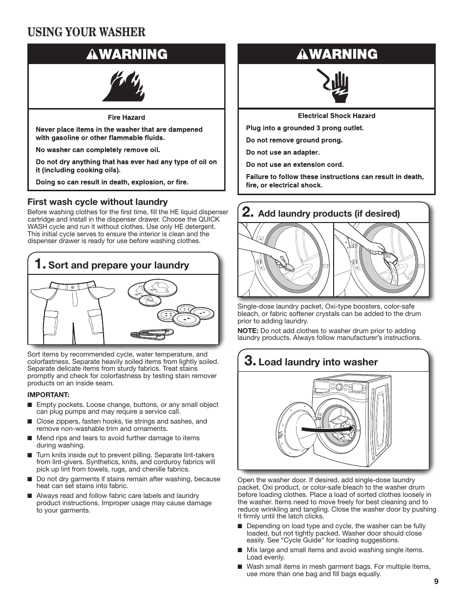 Using your washer, Sort and prepare your laundry, Load laundry into washer | Whirlpool WFL98HEBU User Manual | Page 9 / 36