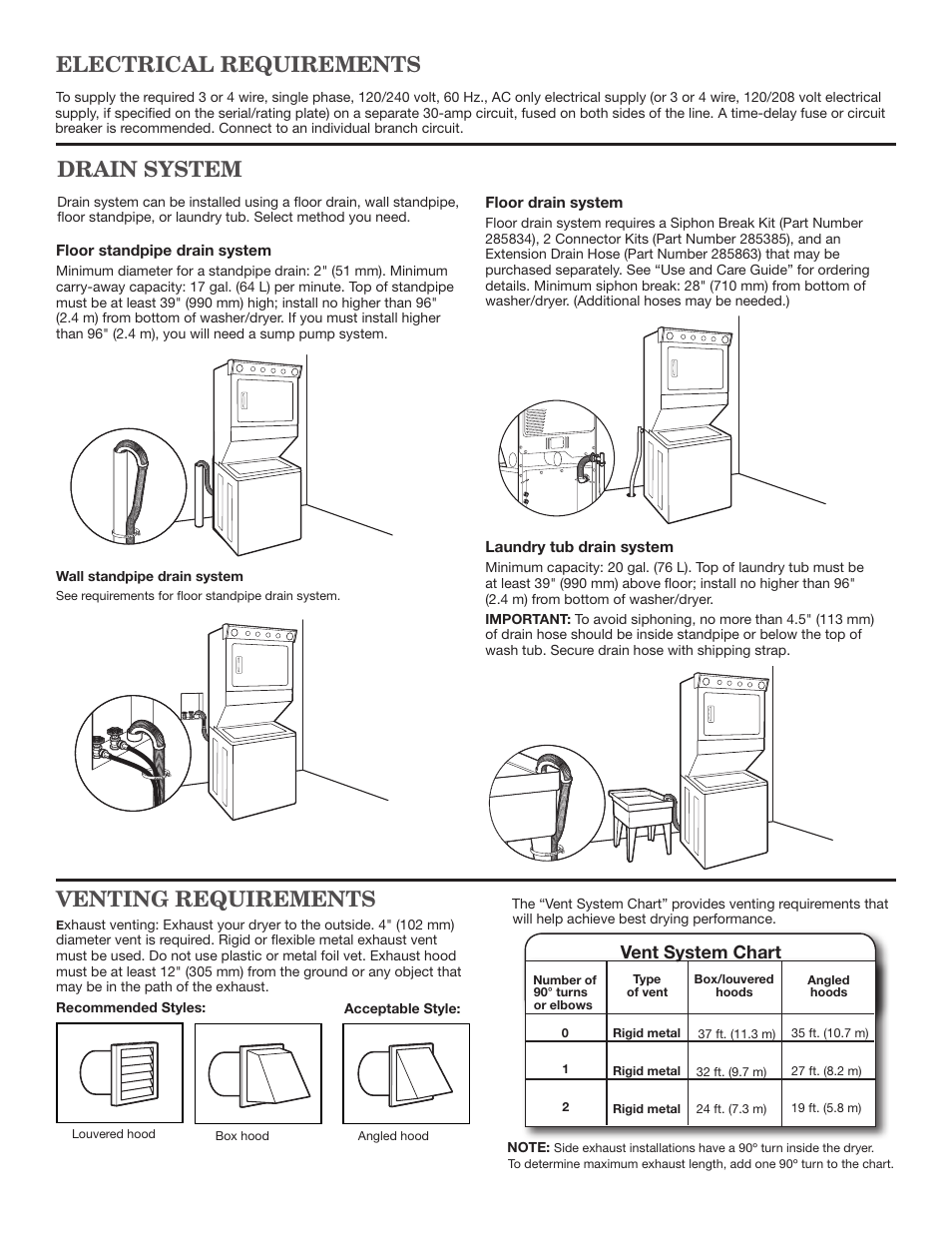 Drain system, Electrical requirements venting requirements, Vent system chart | Whirlpool WGT3300XQ User Manual | Page 2 / 2