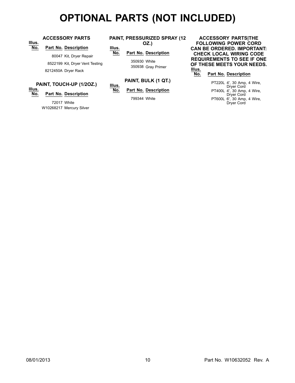 Optional, Optional parts (not included) | Whirlpool WED5800BW User Manual | Page 10 / 10