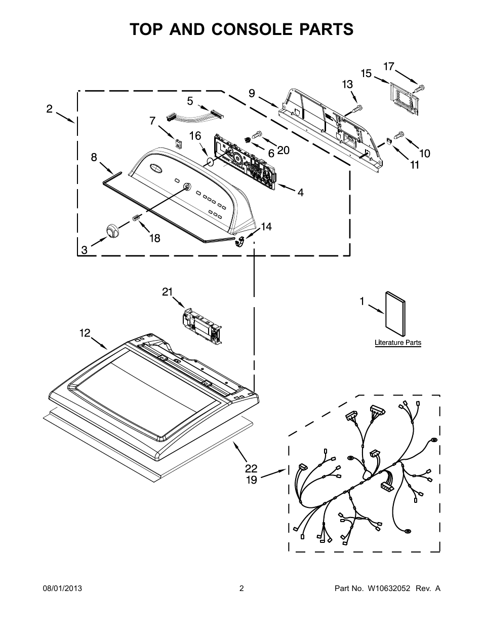 Top and console, Top and console parts | Whirlpool WED5800BW User Manual | Page 2 / 10