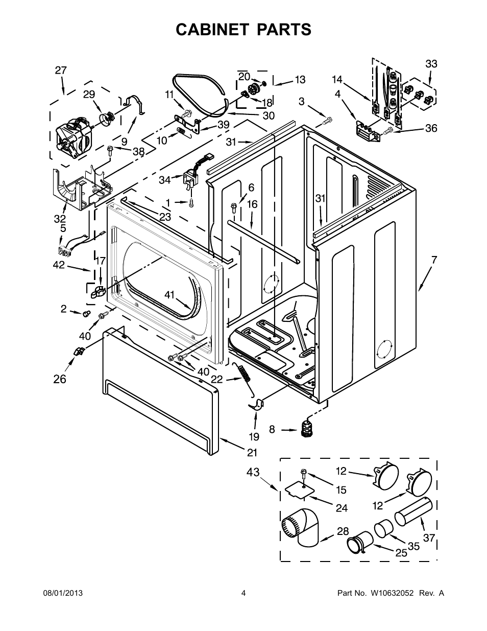 Cabinet, Cabinet parts | Whirlpool WED5800BW User Manual | Page 4 / 10