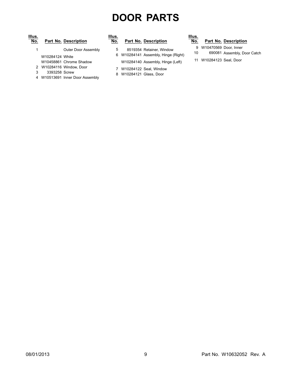 Door parts | Whirlpool WED5800BW User Manual | Page 9 / 10