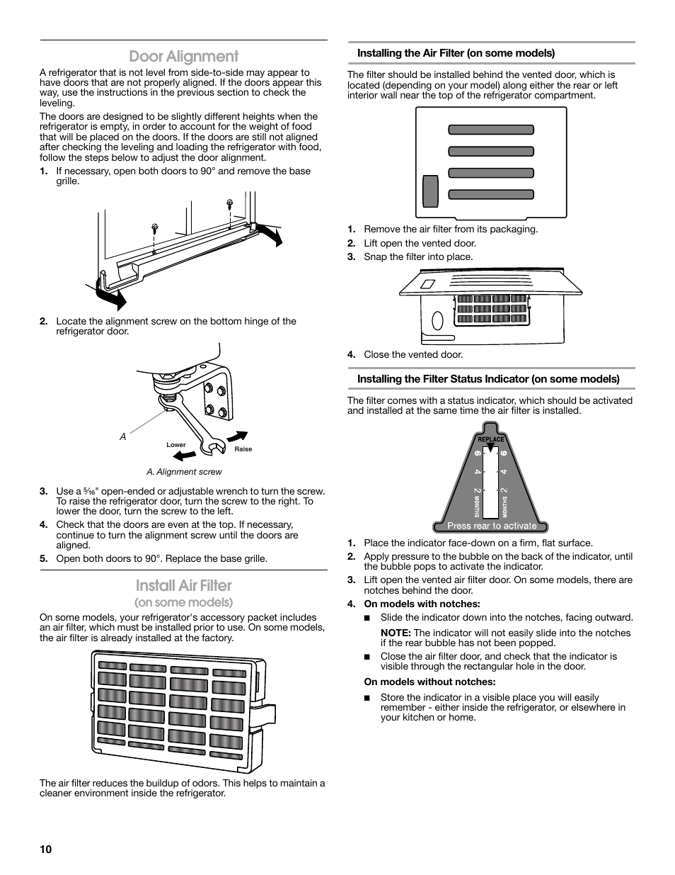 Door alignment, Install air filter | Whirlpool WRS571CIDM User Manual | Page 10 / 64