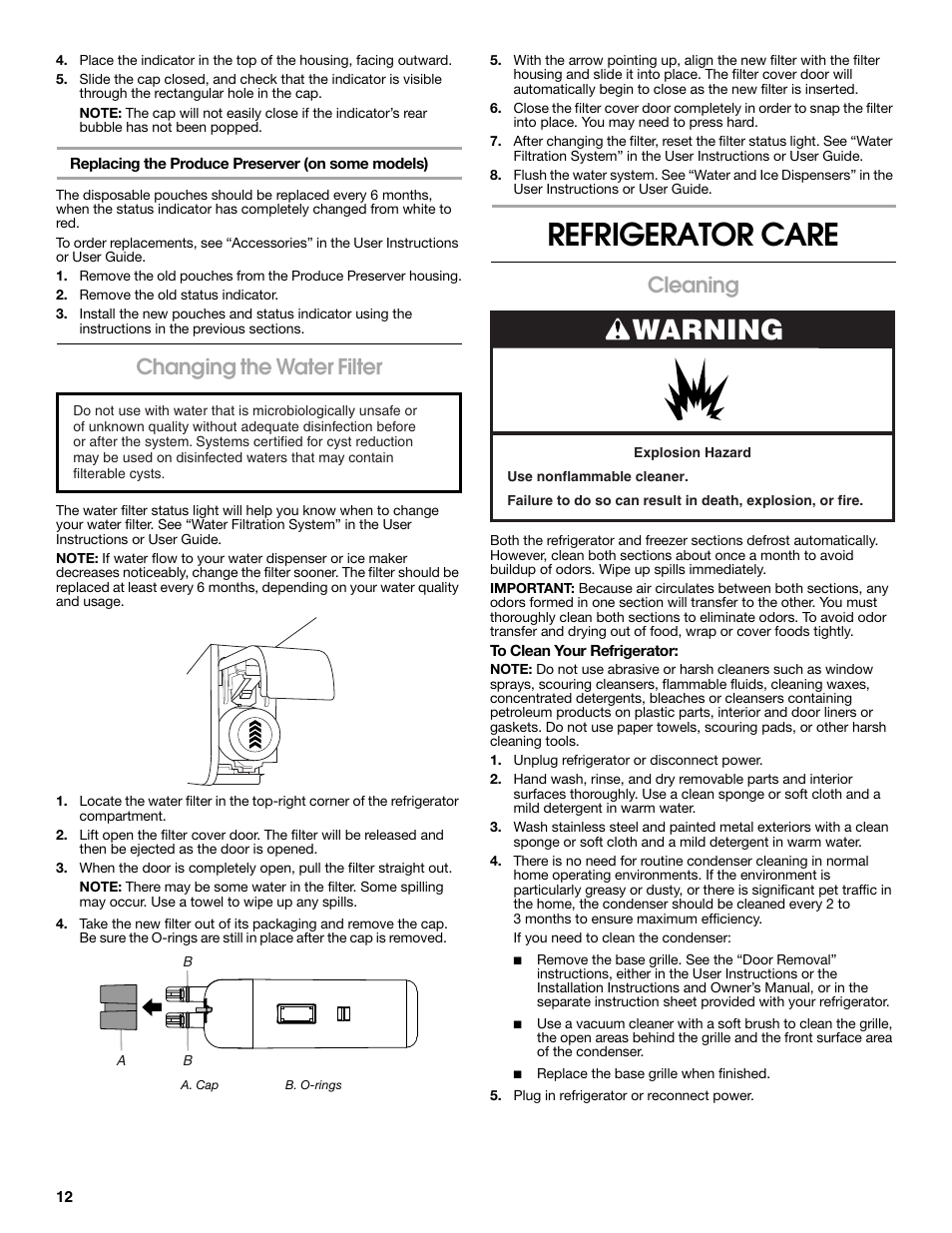 Refrigerator care, Warning, Changing the water filter | Cleaning | Whirlpool WRS571CIDM User Manual | Page 12 / 64