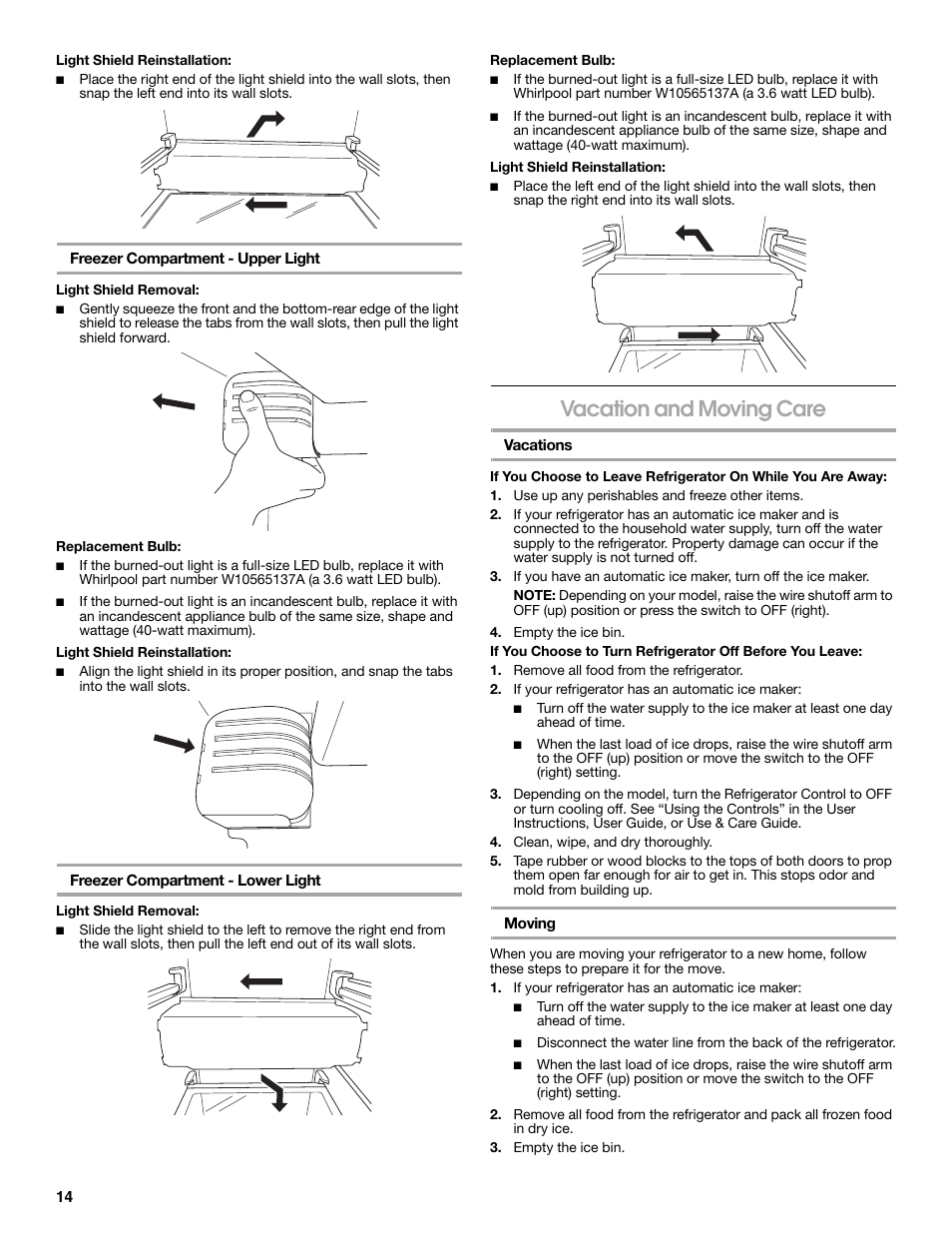 Vacation and moving care | Whirlpool WRS571CIDM User Manual | Page 14 / 64