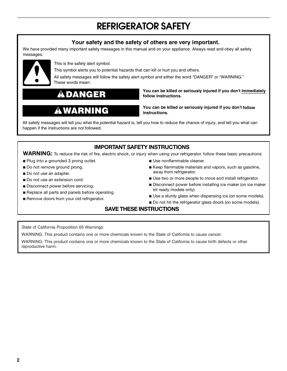 Refrigerator safety, Danger warning, Important safety instructions warning | Save these instructions | Whirlpool WRS571CIDM User Manual | Page 2 / 64