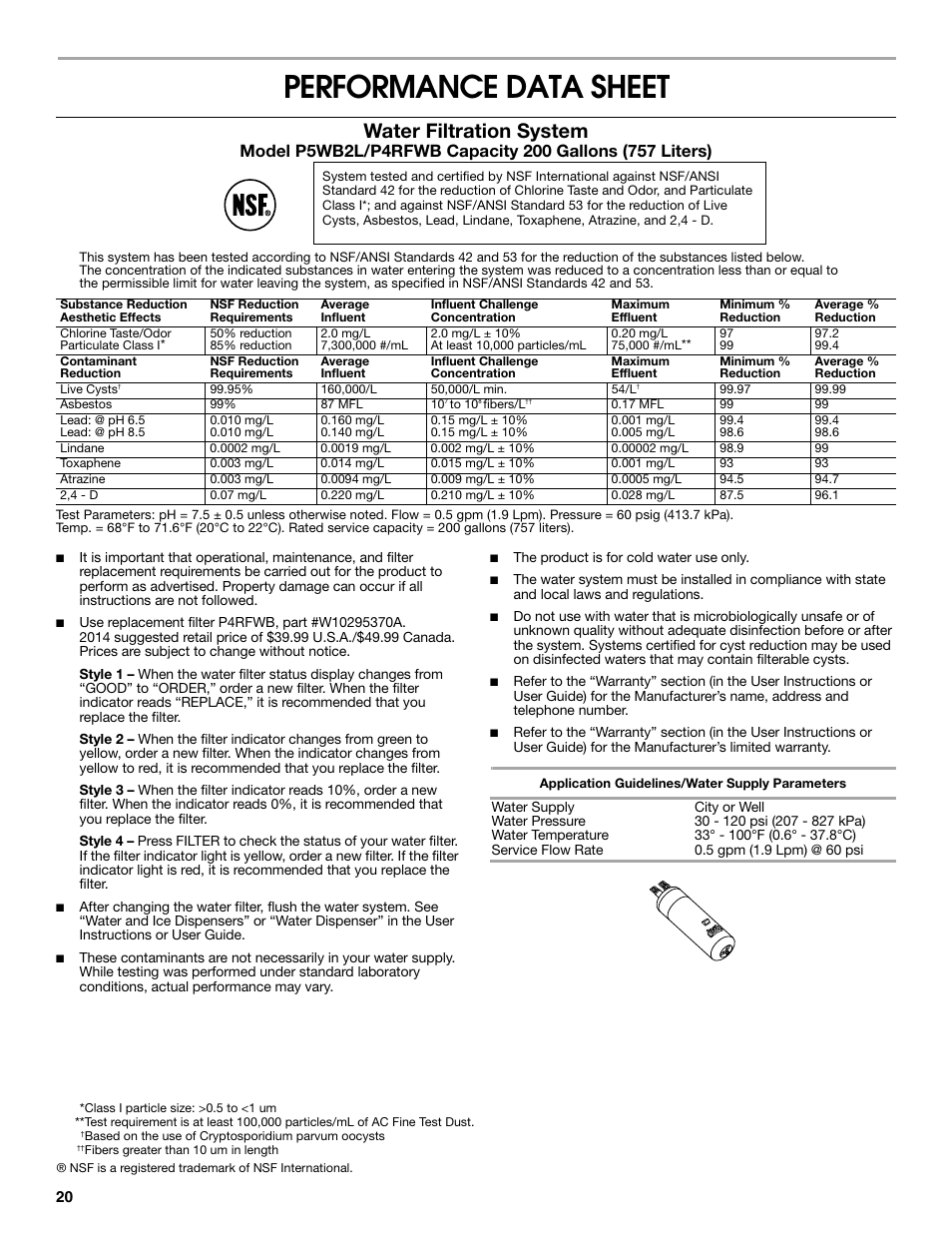 Performance data sheet, Water filtration system | Whirlpool WRS571CIDM User Manual | Page 20 / 64