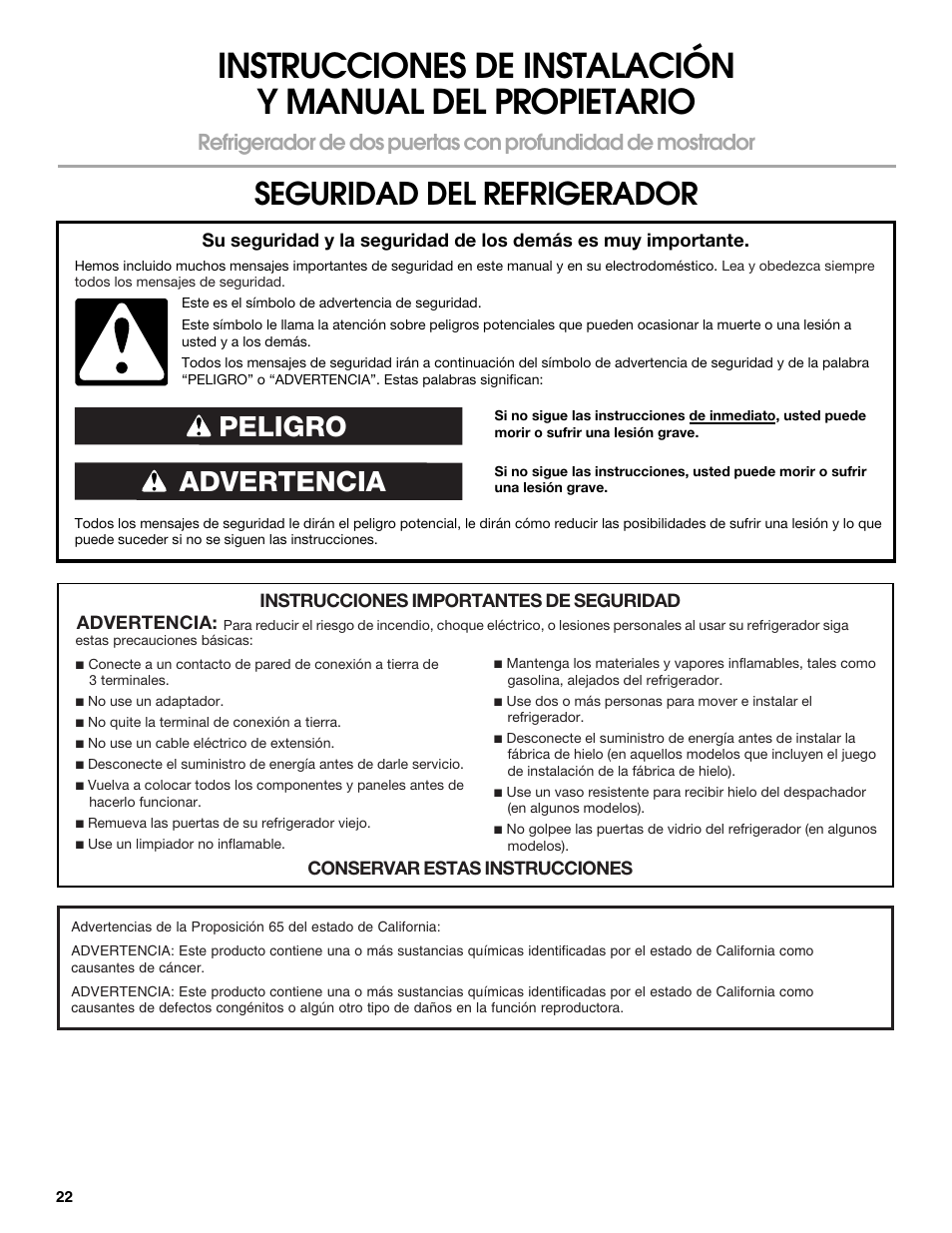 Seguridad del refrigerador, Advertencia peligro | Whirlpool WRS571CIDM User Manual | Page 22 / 64