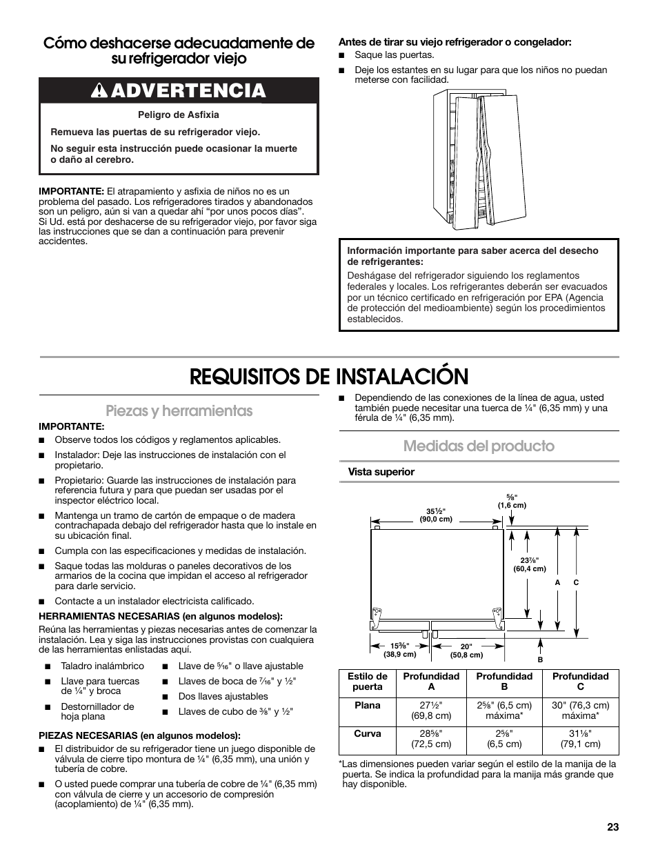 Requisitos de instalación, Advertencia, Piezas y herramientas | Medidas del producto | Whirlpool WRS571CIDM User Manual | Page 23 / 64