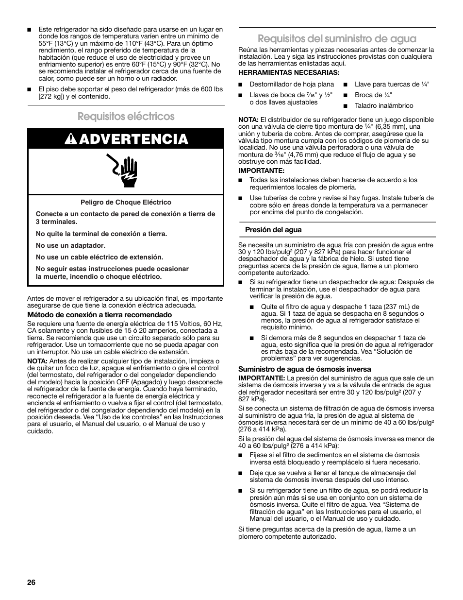 Advertencia, Requisitos eléctricos, Requisitos del suministro de agua | Whirlpool WRS571CIDM User Manual | Page 26 / 64