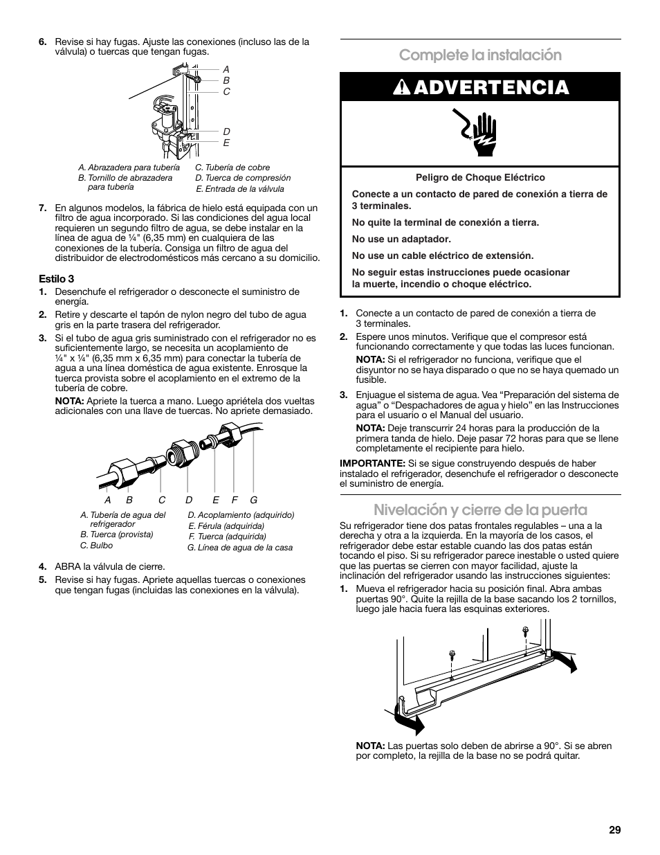 Advertencia, Complete la instalación, Nivelación y cierre de la puerta | Whirlpool WRS571CIDM User Manual | Page 29 / 64