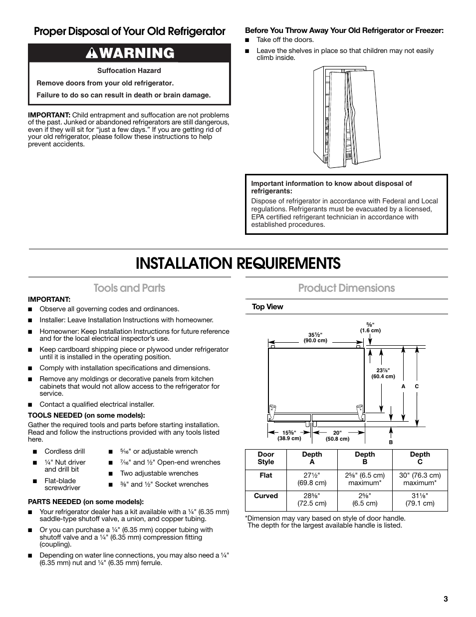 Installation requirements, Warning, Proper disposal of your old refrigerator | Tools and parts, Product dimensions | Whirlpool WRS571CIDM User Manual | Page 3 / 64