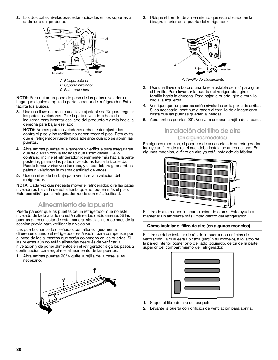 Alineamiento de la puerta, Instalación del filtro de aire | Whirlpool WRS571CIDM User Manual | Page 30 / 64