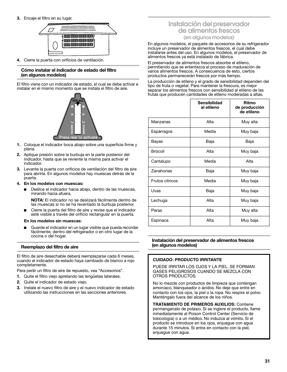 Instalación del preservador de alimentos frescos | Whirlpool WRS571CIDM User Manual | Page 31 / 64