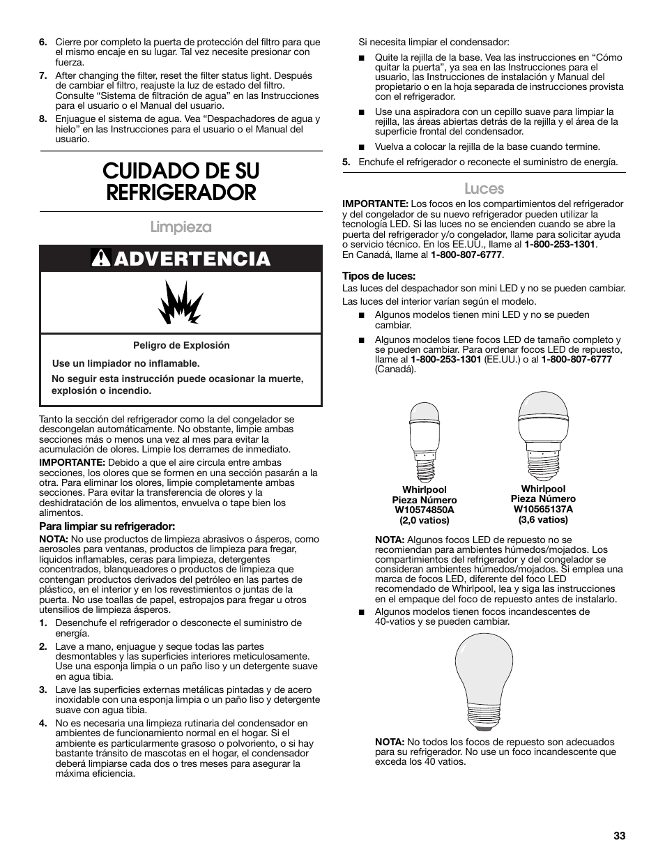 Cuidado de su refrigerador, Advertencia, Limpieza | Luces | Whirlpool WRS571CIDM User Manual | Page 33 / 64