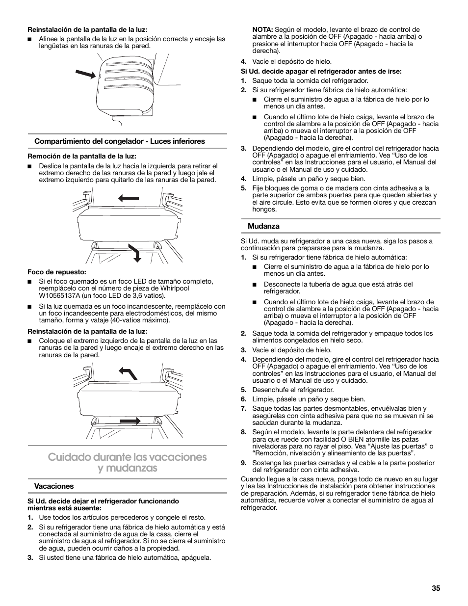 Cuidado durante las vacaciones y mudanzas | Whirlpool WRS571CIDM User Manual | Page 35 / 64