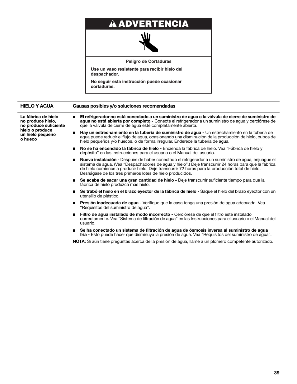 Advertencia | Whirlpool WRS571CIDM User Manual | Page 39 / 64