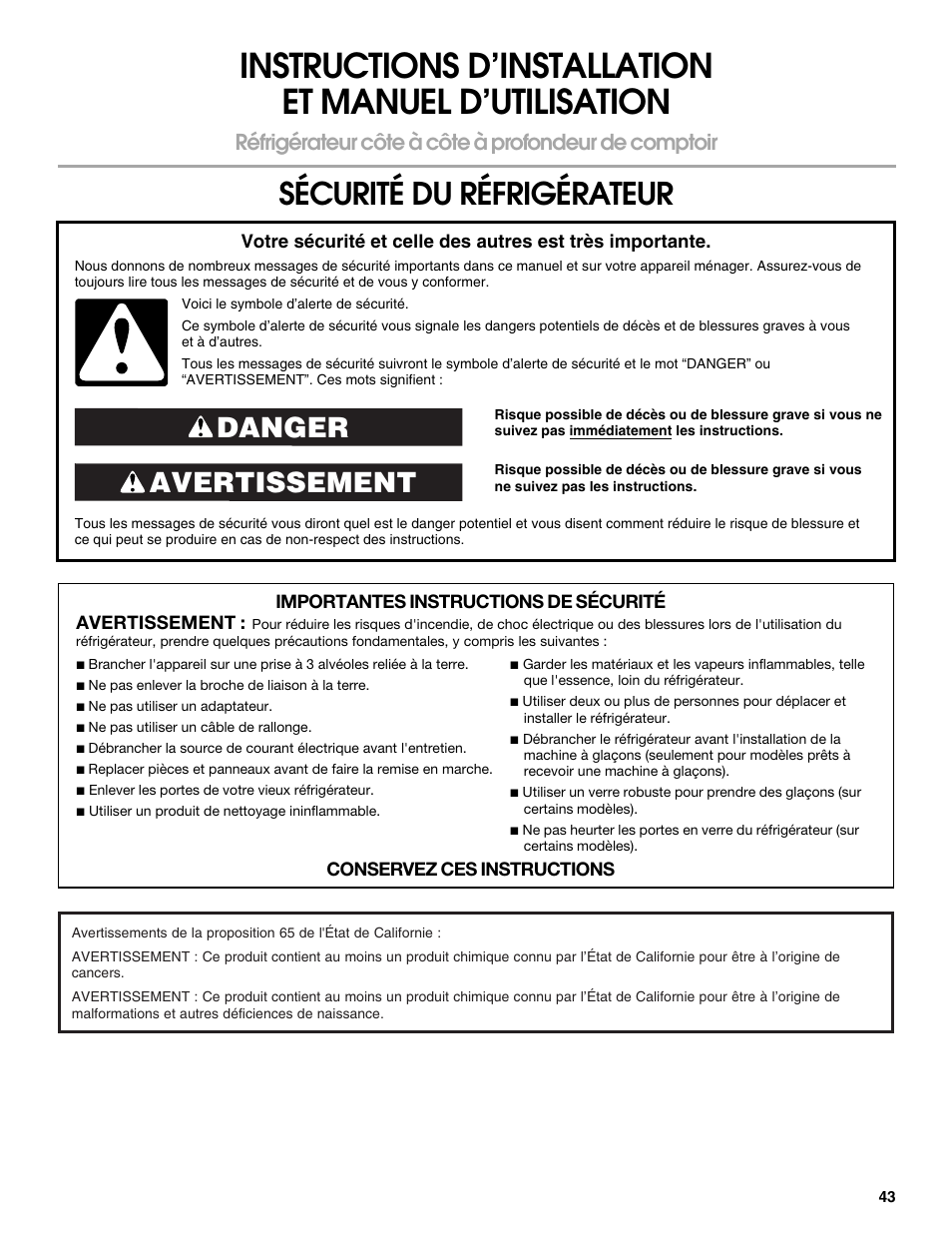 Sécurité du réfrigérateur, Avertissement danger, Réfrigérateur côte à côte à profondeur de comptoir | Whirlpool WRS571CIDM User Manual | Page 43 / 64