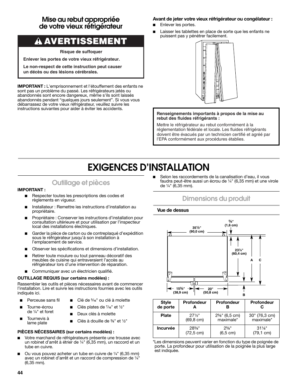 Exigences d’installation, Avertissement, Outillage et pièces | Dimensions du produit | Whirlpool WRS571CIDM User Manual | Page 44 / 64