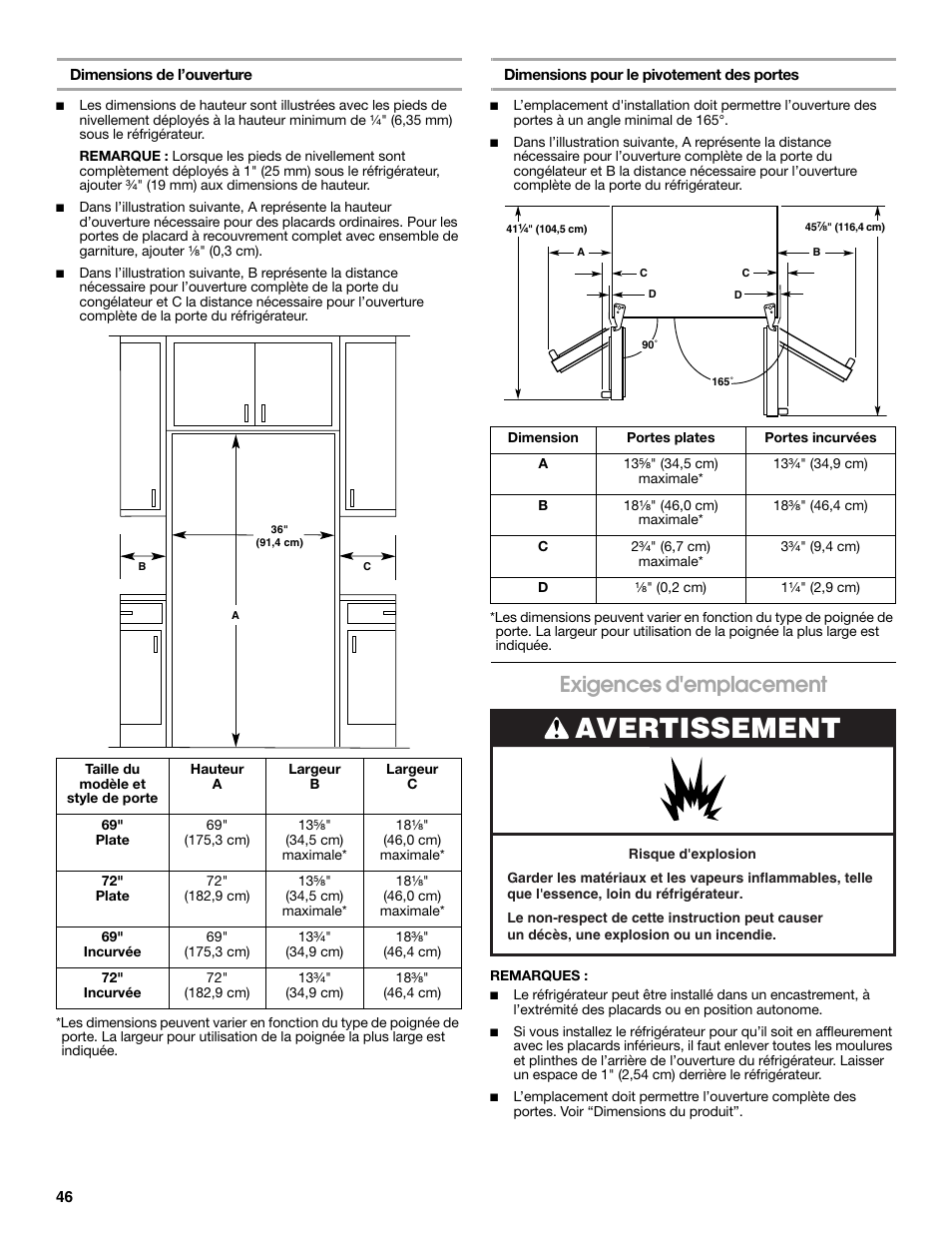 Avertissement, Exigences d'emplacement | Whirlpool WRS571CIDM User Manual | Page 46 / 64