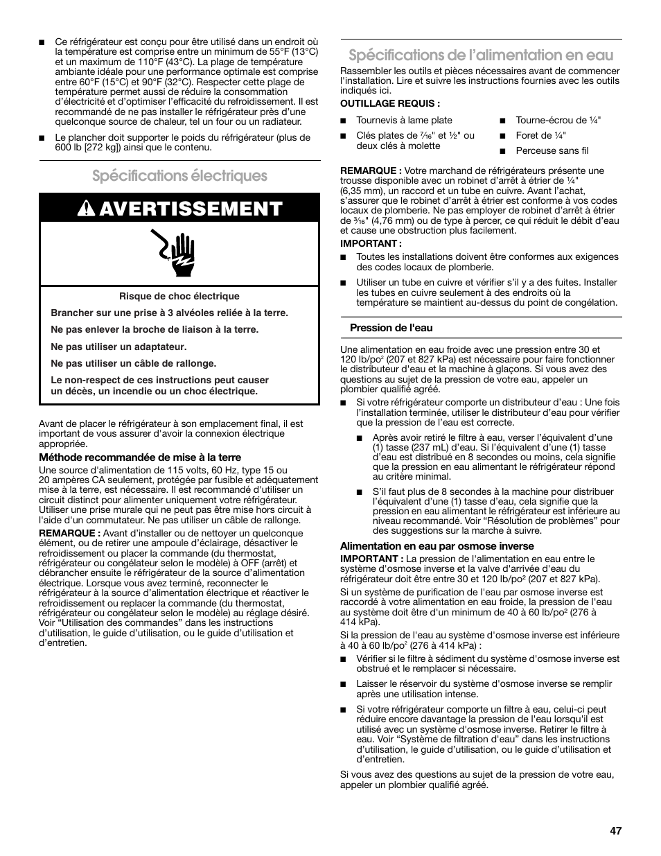 Avertissement, Spécifications électriques, Spécifications de l’alimentation en eau | Whirlpool WRS571CIDM User Manual | Page 47 / 64