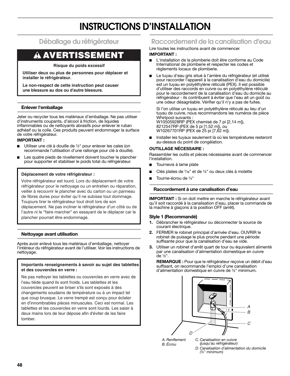 Instructions d’installation, Avertissement, Déballage du réfrigérateur | Raccordement de la canalisation d'eau | Whirlpool WRS571CIDM User Manual | Page 48 / 64