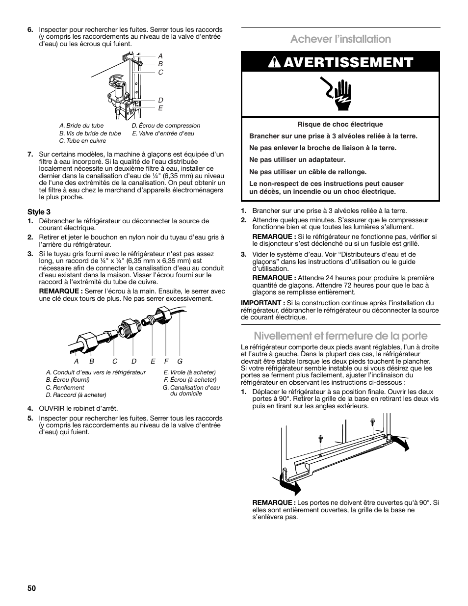 Avertissement, Achever l’installation, Nivellement et fermeture de la porte | Whirlpool WRS571CIDM User Manual | Page 50 / 64