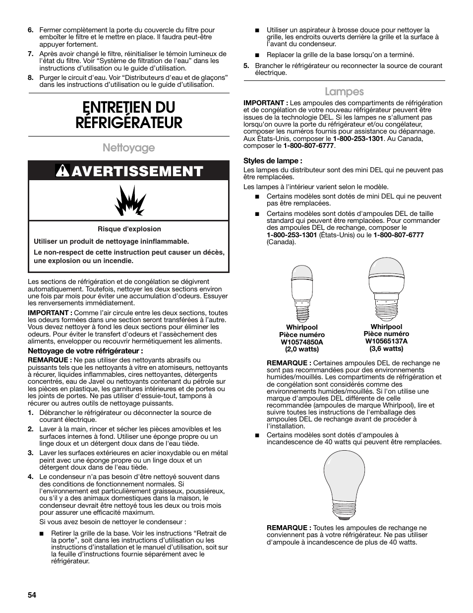 Entretien du réfrigérateur, Avertissement, Nettoyage | Lampes | Whirlpool WRS571CIDM User Manual | Page 54 / 64