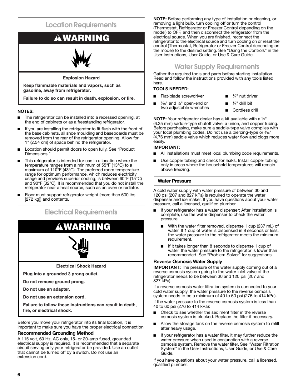 Warning, Location requirements, Electrical requirements | Water supply requirements | Whirlpool WRS571CIDM User Manual | Page 6 / 64