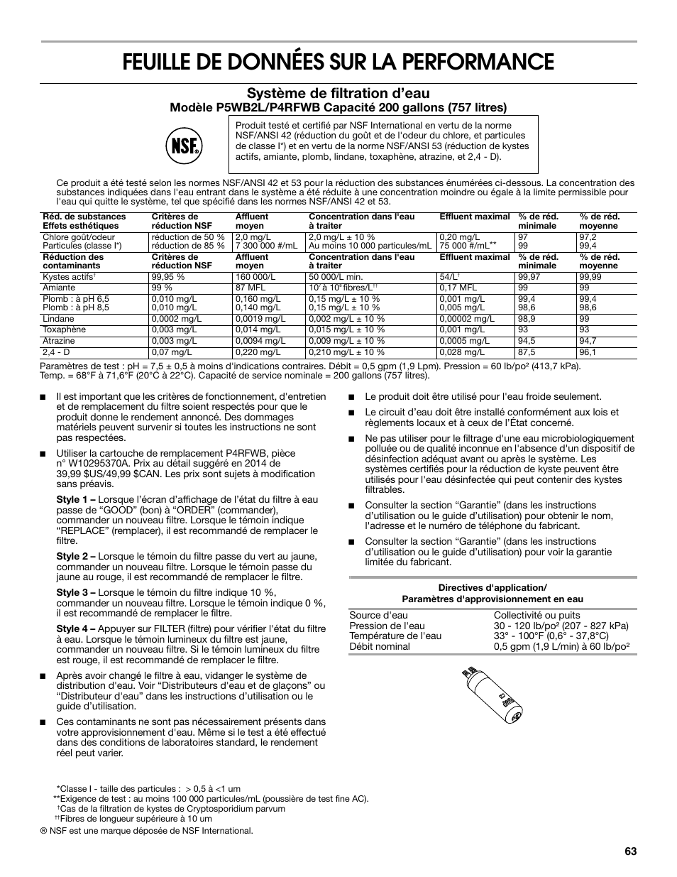 Feuille de données sur la performance, Système de filtration d’eau | Whirlpool WRS571CIDM User Manual | Page 63 / 64