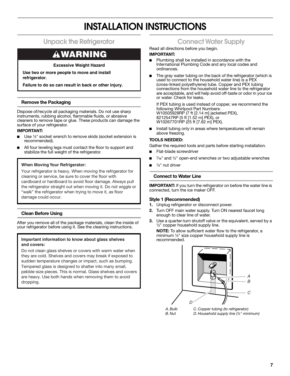 Installation instructions, Warning, Unpack the refrigerator | Connect water supply | Whirlpool WRS571CIDM User Manual | Page 7 / 64