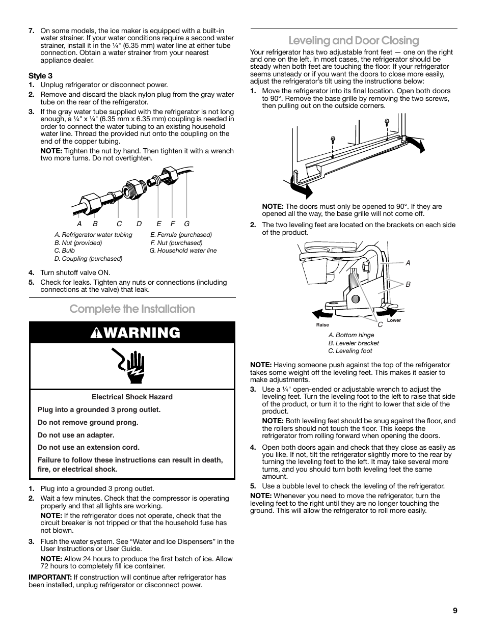 Warning, Complete the installation, Leveling and door closing | Whirlpool WRS571CIDM User Manual | Page 9 / 64