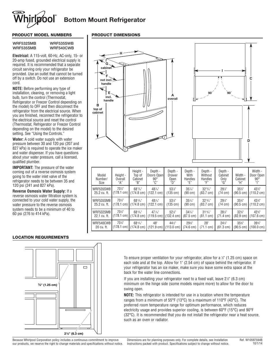 Whirlpool WRF535SMBM User Manual | 1 page