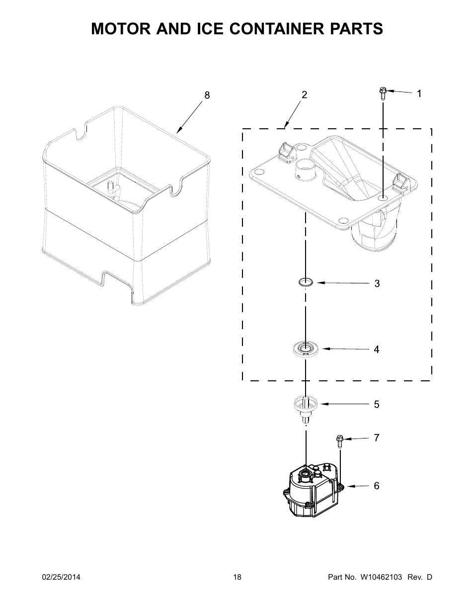 Motor and ice container parts | Whirlpool WRF989SDAM User Manual | Page 18 / 22