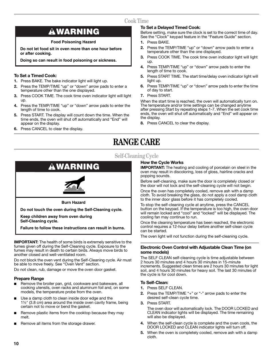 Range care, Warning, Cook time | Self-cleaning cycle | Whirlpool WFG510S0AS User Manual | Page 10 / 16