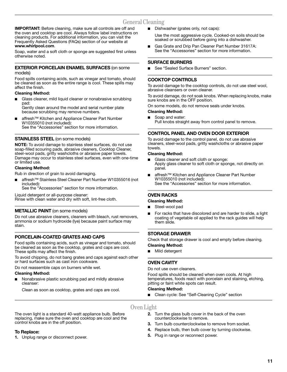 General cleaning, Oven light | Whirlpool WFG510S0AS User Manual | Page 11 / 16
