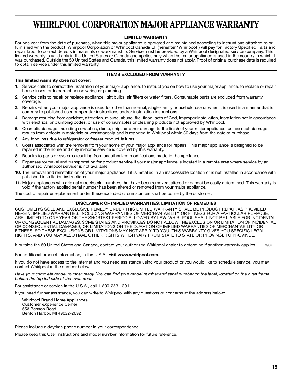 Whirlpool corporation major appliance warranty | Whirlpool WFG510S0AS User Manual | Page 15 / 16