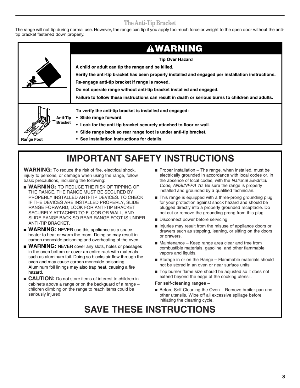 Warning, The anti-tip bracket | Whirlpool WFG510S0AS User Manual | Page 3 / 16
