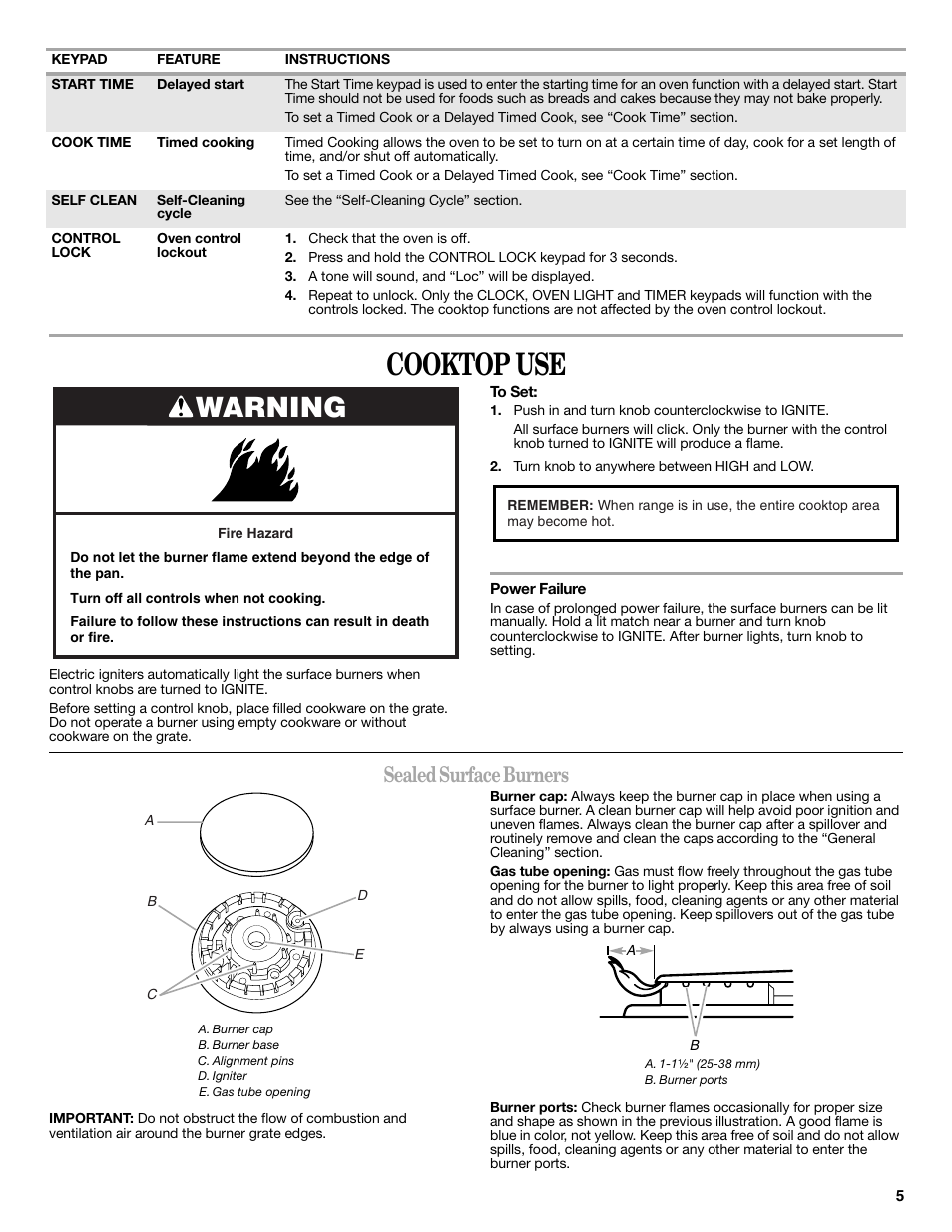 Cooktop use, Warning, Sealed surface burners | Whirlpool WFG510S0AS User Manual | Page 5 / 16