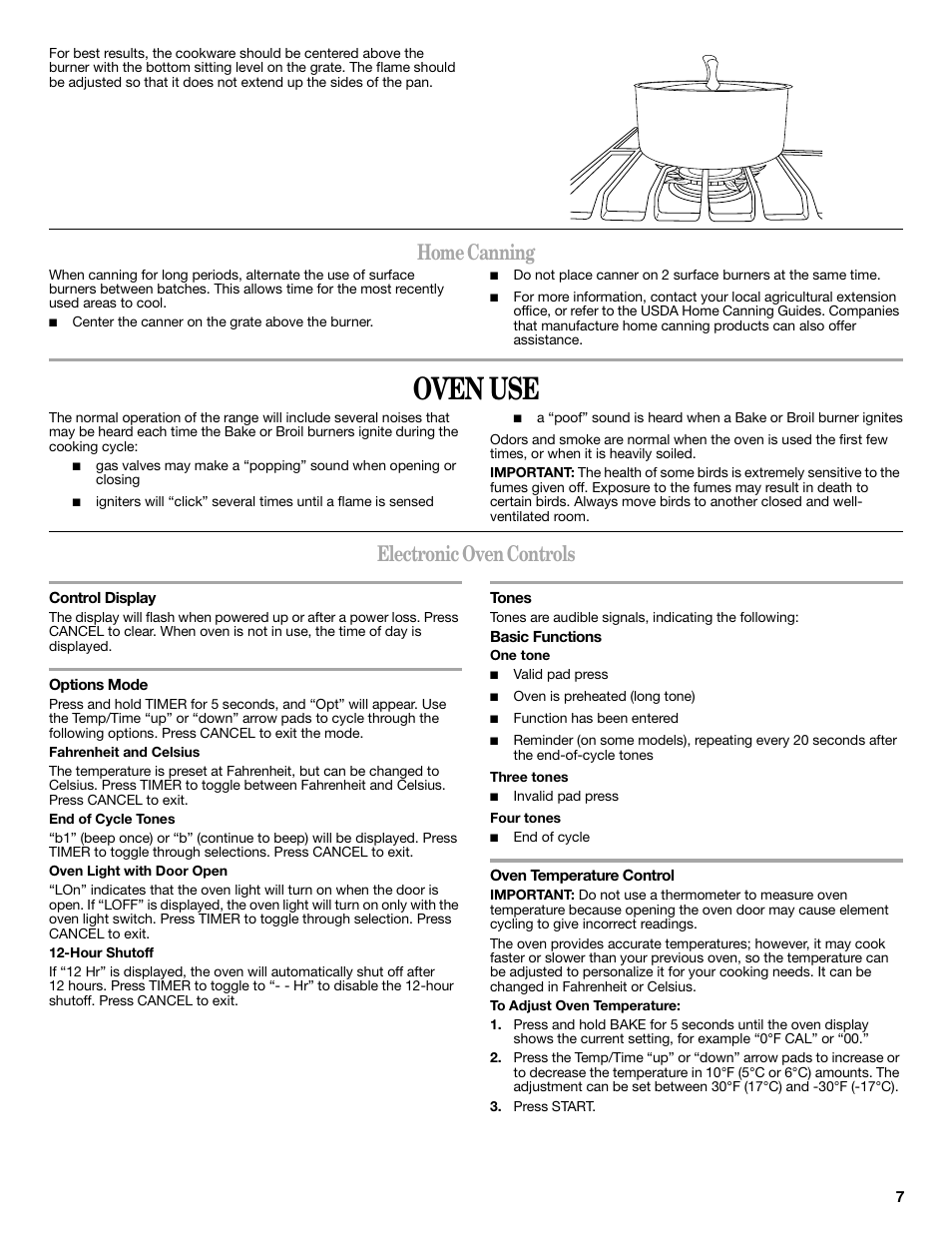 Oven use, Home canning, Electronic oven controls | Whirlpool WFG510S0AS User Manual | Page 7 / 16