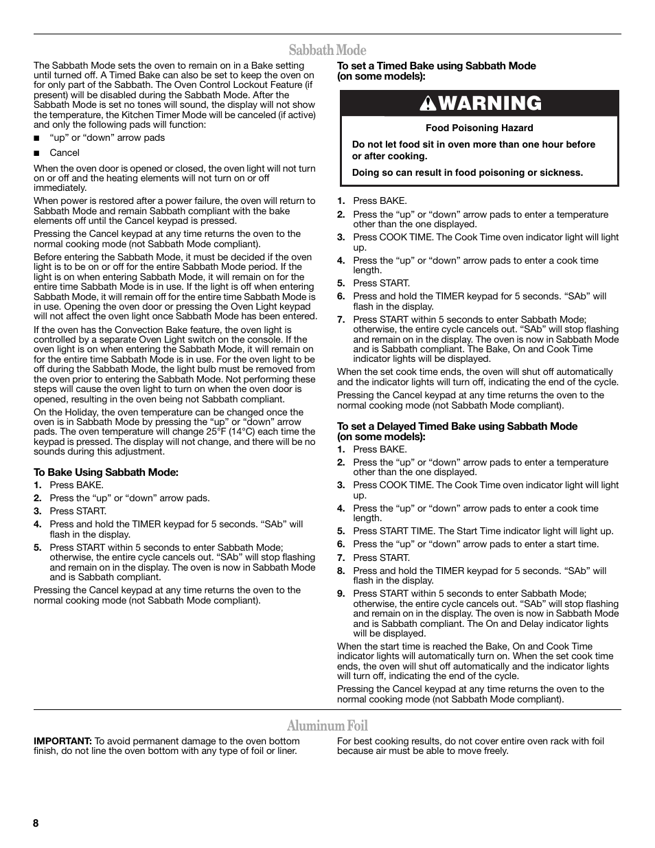 Warning, Sabbath mode, Aluminum foil | Whirlpool WFG510S0AS User Manual | Page 8 / 16