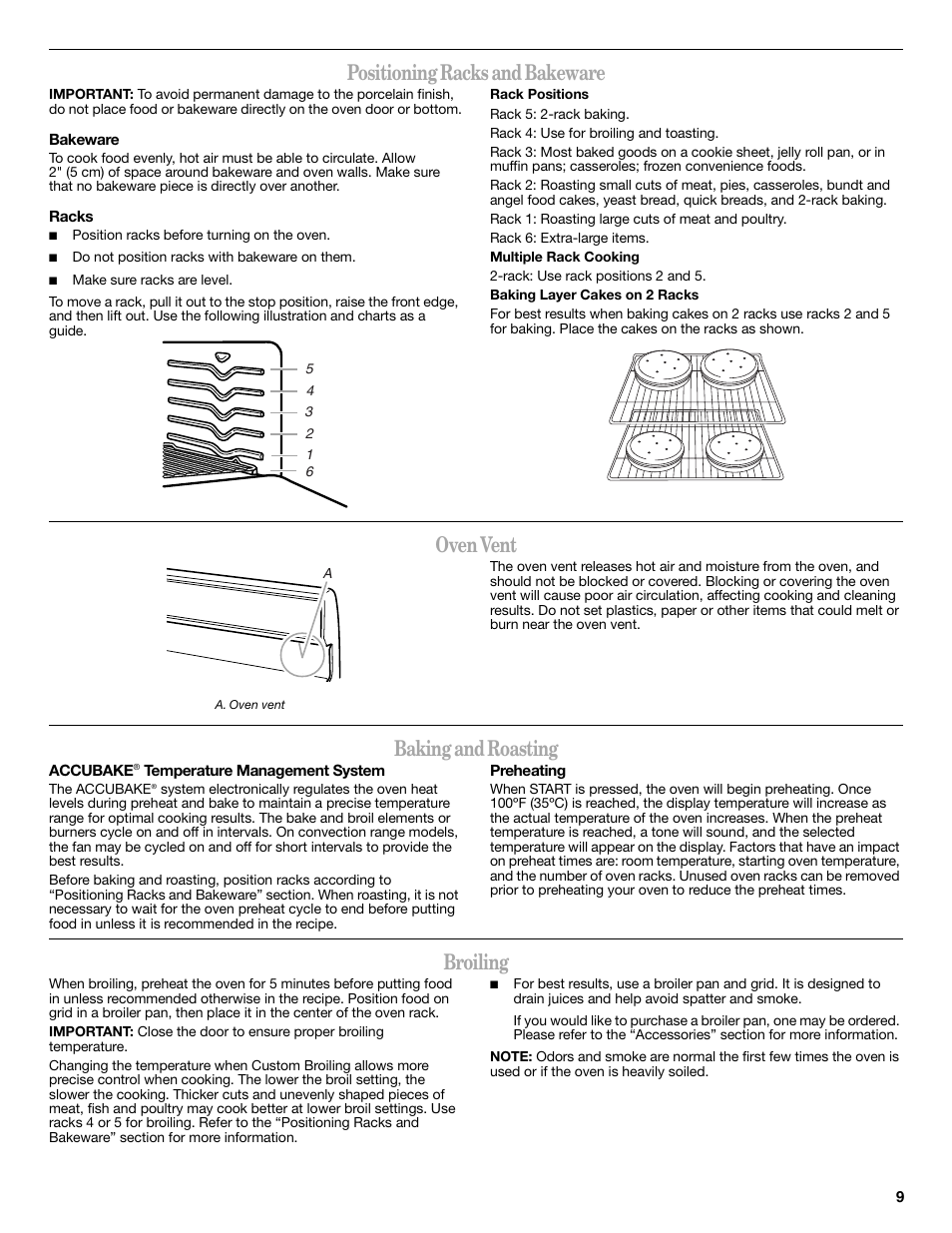 Positioning racks and bakeware, Oven vent, Baking and roasting | Broiling | Whirlpool WFG510S0AS User Manual | Page 9 / 16