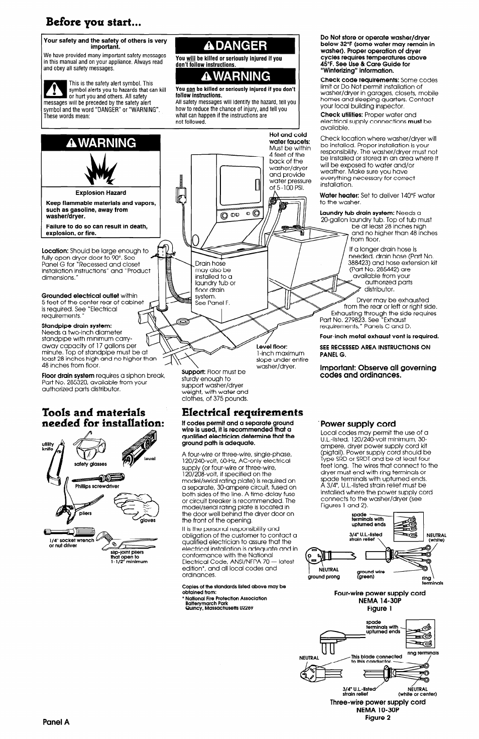 Before you start, Adanger, Warning | Explosion hazard, Tools and materials needed for installation, Hot and cold water faucets, Level floor, Electrical requirements, See recessed area instructions on panel g, Adanger a | Whirlpool LTE5243DQ User Manual | Page 2 / 9