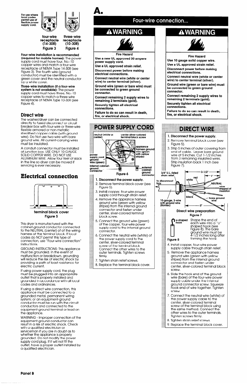 Electrical connection, Four-wire connection, Warning | Power supply cord, Direct wire, Disconnect the power supply, Power supply cord direct wire | Whirlpool LTE5243DQ User Manual | Page 3 / 9