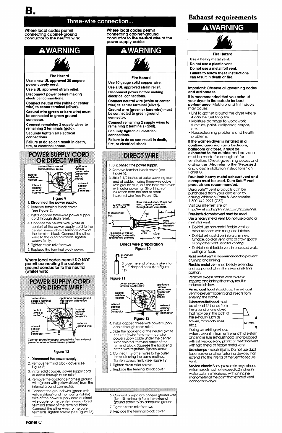 Warning, Power supply cord or direct wire, Direct wire | Exhaust requirements, Àwarning, Fire hazard, Three-wire connection | Whirlpool LTE5243DQ User Manual | Page 4 / 9